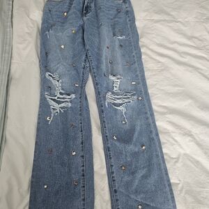 Embellished Blue Distressed Women Jeans Fashipn Nova